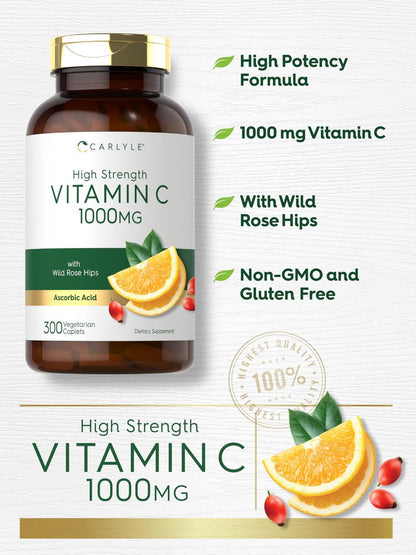 Carlyle Vitamin C 1000 mg – 300 Vegetarische Kapseln mit Hagebutte – Hochdosiert, Non-GMO & Glutenfrei