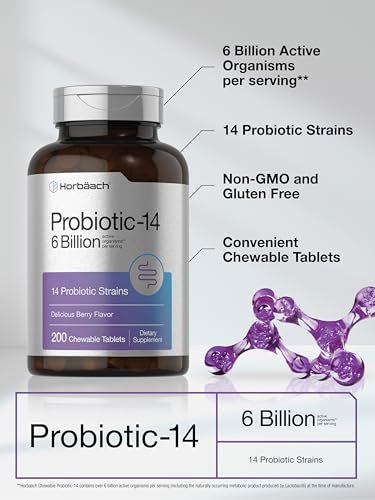 Horbäach Probiotika 6 Milliarden CFUs – 200 Kautabletten mit Beerengeschmack – 14 probiotische Stämme – Vegetarisches, nicht-GVO & glutenfreies Nahrungsergänzungsmittel für Männer & Frauen