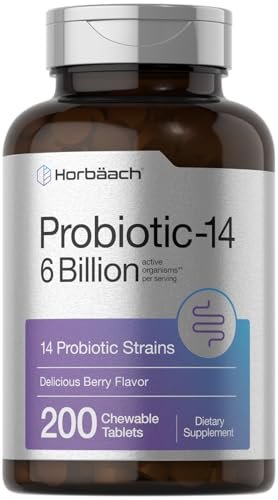 Horbäach Probiotika 6 Milliarden CFUs – 200 Kautabletten mit Beerengeschmack – 14 probiotische Stämme – Vegetarisches, nicht-GVO & glutenfreies Nahrungsergänzungsmittel für Männer & Frauen
