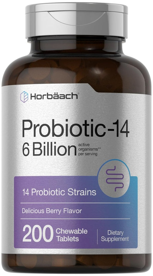 Horbäach Probiotika 6 Milliarden CFUs – 200 Kautabletten mit Beerengeschmack – 14 probiotische Stämme – Vegetarisches, nicht-GVO & glutenfreies Nahrungsergänzungsmittel für Männer & Frauen