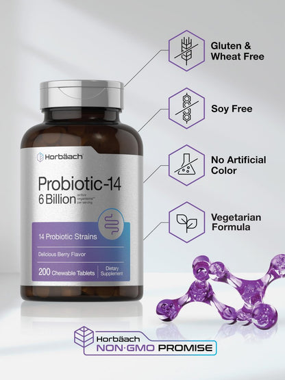 Horbäach Probiotika 6 Milliarden CFUs – 200 Kautabletten mit Beerengeschmack – 14 probiotische Stämme – Vegetarisches, nicht-GVO & glutenfreies Nahrungsergänzungsmittel für Männer & Frauen
