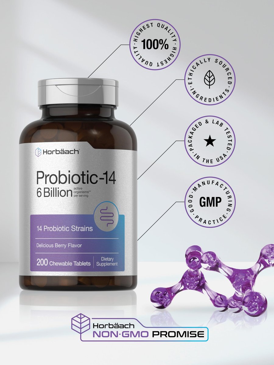 Horbäach Probiotika 6 Milliarden CFUs – 200 Kautabletten mit Beerengeschmack – 14 probiotische Stämme – Vegetarisches, nicht-GVO & glutenfreies Nahrungsergänzungsmittel für Männer & Frauen
