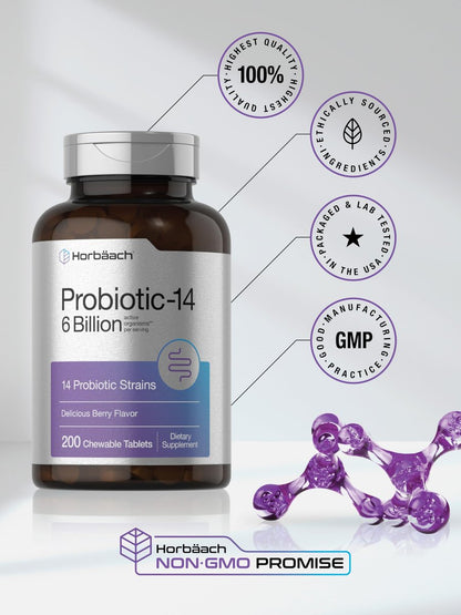 Horbäach Probiotika 6 Milliarden CFUs – 200 Kautabletten mit Beerengeschmack – 14 probiotische Stämme – Vegetarisches, nicht-GVO & glutenfreies Nahrungsergänzungsmittel für Männer & Frauen