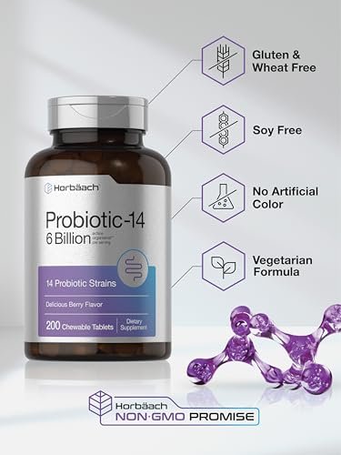 Horbäach Probiotika 6 Milliarden CFUs – 200 Kautabletten mit Beerengeschmack – 14 probiotische Stämme – Vegetarisches, nicht-GVO & glutenfreies Nahrungsergänzungsmittel für Männer & Frauen