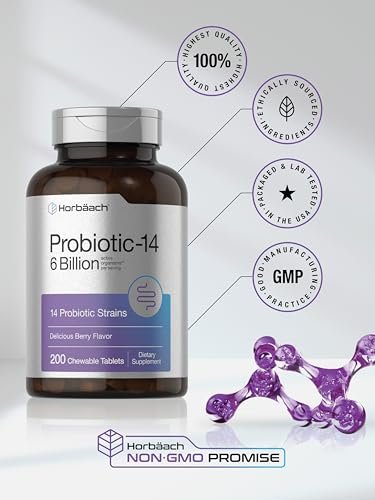 Horbäach Probiotika 6 Milliarden CFUs – 200 Kautabletten mit Beerengeschmack – 14 probiotische Stämme – Vegetarisches, nicht-GVO & glutenfreies Nahrungsergänzungsmittel für Männer & Frauen