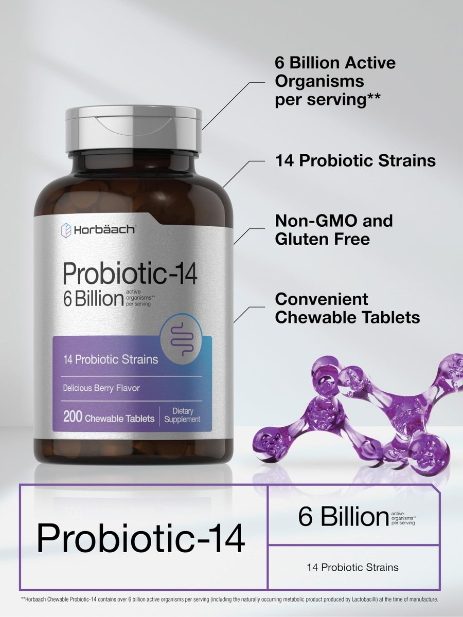 Horbäach Probiotika 6 Milliarden CFUs – 200 Kautabletten mit Beerengeschmack – 14 probiotische Stämme – Vegetarisches, nicht-GVO & glutenfreies Nahrungsergänzungsmittel für Männer & Frauen