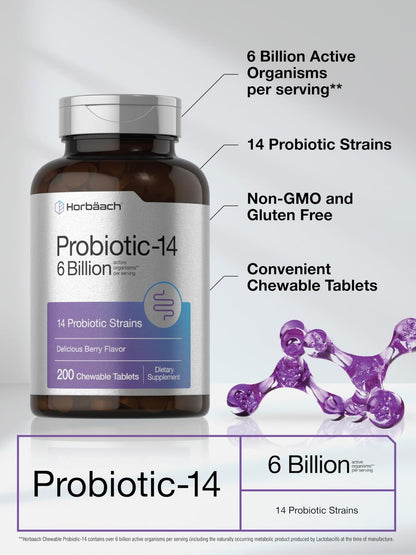 Horbäach Probiotika 6 Milliarden CFUs – 200 Kautabletten mit Beerengeschmack – 14 probiotische Stämme – Vegetarisches, nicht-GVO & glutenfreies Nahrungsergänzungsmittel für Männer & Frauen