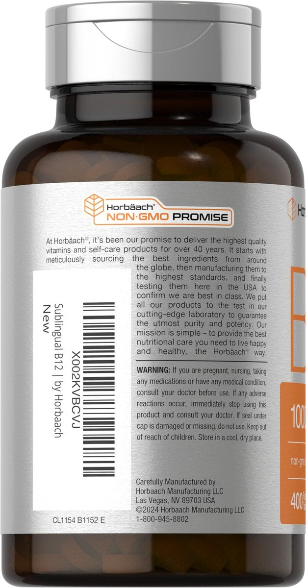 Horbaach Vitamin B12 1000 mcg sublingual – 400 schnell lösliche Tabletten – Methylcobalamin für Frauen und Männer – Beerengeschmack – Vegan, Non-GMO, glutenfrei