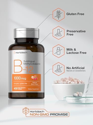 Horbaach Vitamin B12 1000 mcg sublingual – 400 schnell lösliche Tabletten – Methylcobalamin für Frauen und Männer – Beerengeschmack – Vegan, Non-GMO, glutenfrei