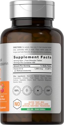Horbaach Vitamin B12 1000 mcg sublingual – 400 schnell lösliche Tabletten – Methylcobalamin für Frauen und Männer – Beerengeschmack – Vegan, Non-GMO, glutenfrei