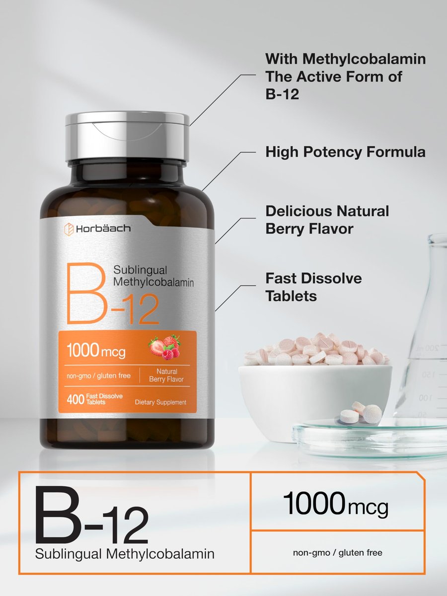 Horbaach Vitamin B12 1000 mcg sublingual – 400 schnell lösliche Tabletten – Methylcobalamin für Frauen und Männer – Beerengeschmack – Vegan, Non-GMO, glutenfrei