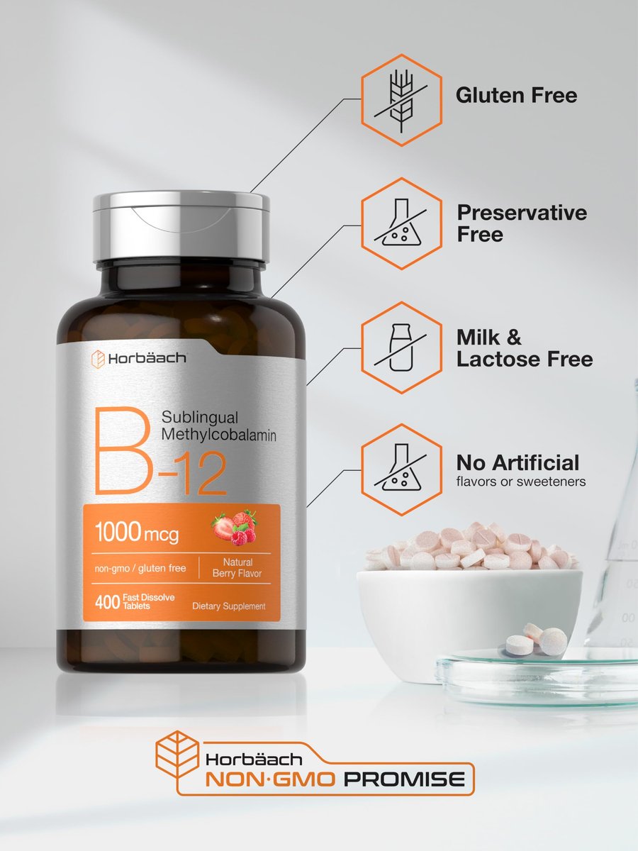 Horbaach Vitamin B12 1000 mcg sublingual – 400 schnell lösliche Tabletten – Methylcobalamin für Frauen und Männer – Beerengeschmack – Vegan, Non-GMO, glutenfrei