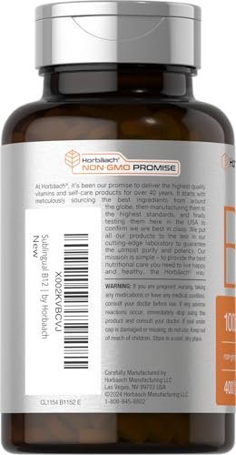 Horbaach Vitamin B12 1000 mcg sublingual – 400 schnell lösliche Tabletten – Methylcobalamin für Frauen und Männer – Beerengeschmack – Vegan, Non-GMO, glutenfrei