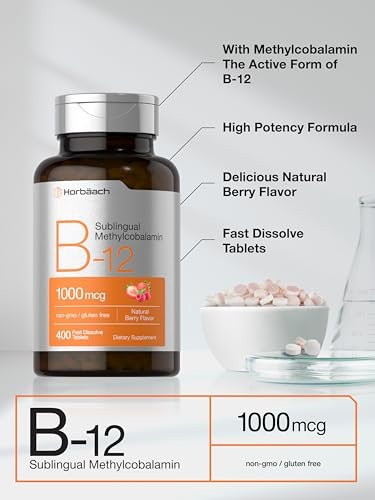 Horbaach Vitamin B12 1000 mcg sublingual – 400 schnell lösliche Tabletten – Methylcobalamin für Frauen und Männer – Beerengeschmack – Vegan, Non-GMO, glutenfrei