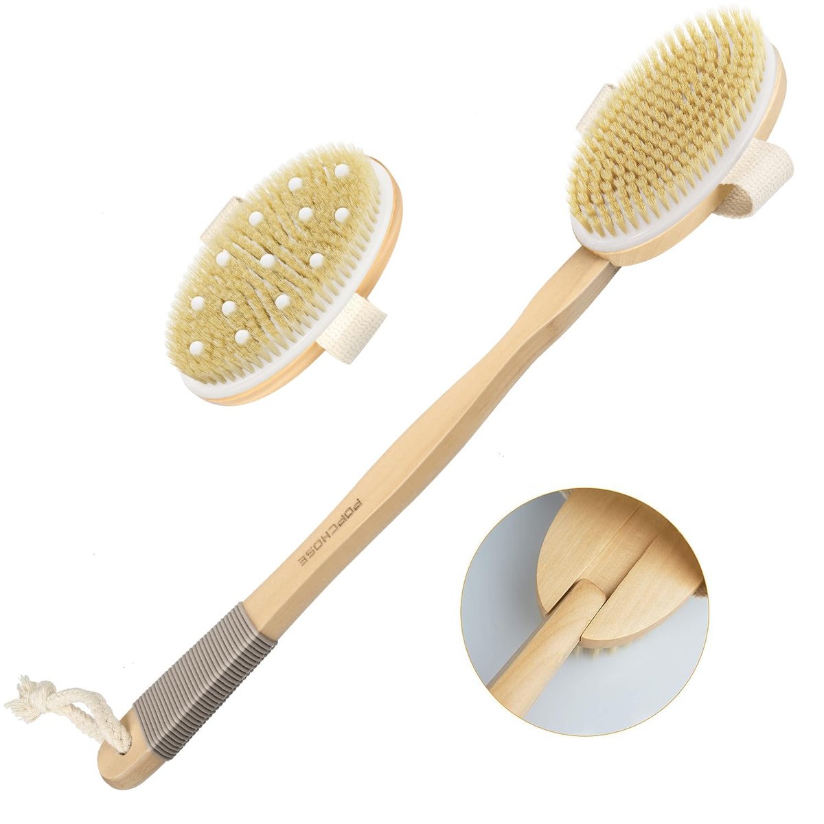 Trockenbürste Körperbürste, POPCHOSE Körperpeelingbürste für Männer und Frauen, Rückenbürste für die Dusche, natürliche Borsten Peelingbürste für Cellulite und Lymphsystem, langer Griff, abnehmbar, doppelte Bürstenköpfe