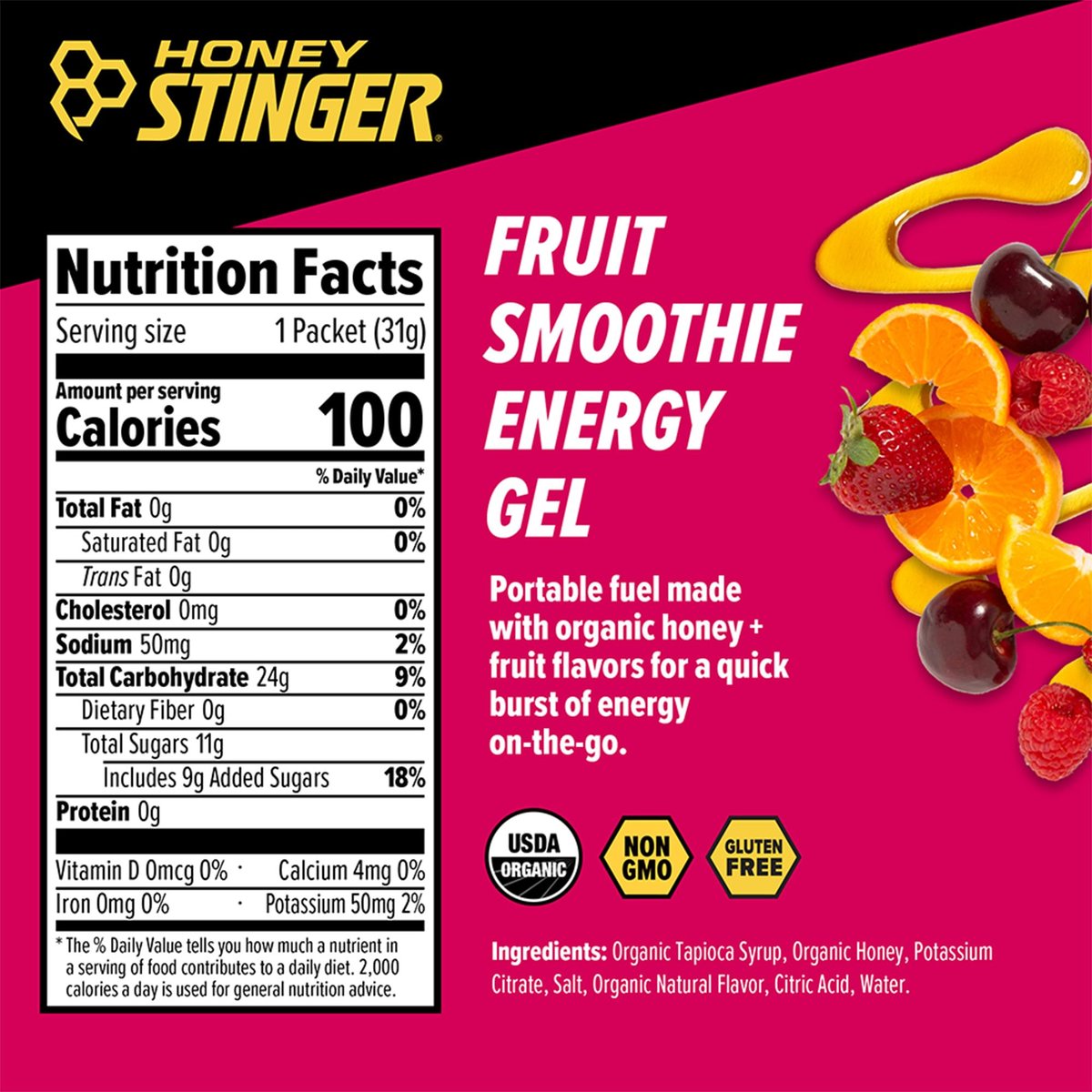 Honey Stinger Bio-Energiegel Fruit Smoothie – Glutenfrei, Koffeinfrei, 12er Pack, 13,2 Unzen – Für Sportler und Fitness