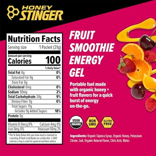 Honey Stinger Bio-Energiegel Fruit Smoothie – Glutenfrei, Koffeinfrei, 12er Pack, 13,2 Unzen – Für Sportler und Fitness
