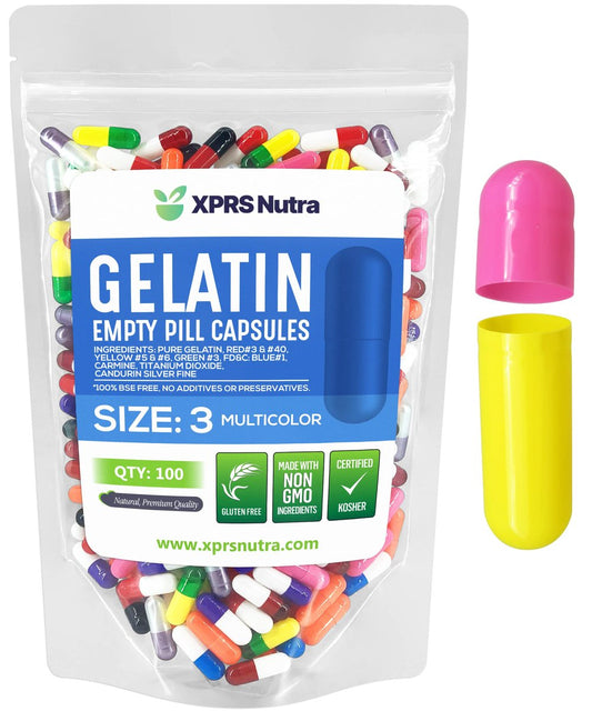 XPRS Nutra Leere Kapseln Größe 3 – 100 Stück Gelatinekapseln, DIY Kapselbefüllung, reine Rindergelatine für selbstgemachte Nahrungsergänzungsmittel (Mehrfarbig)