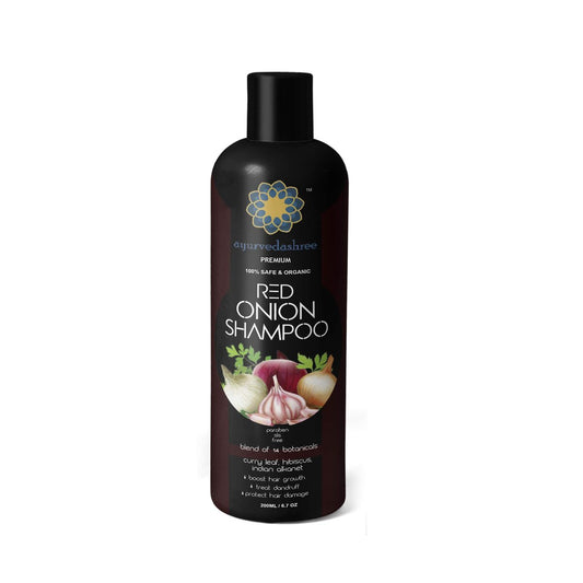AYURVEDASHREE Rote Zwiebel Haarwachstums- und Haarausfall-Kontroll-Shampoo – mit Curryblatt, Hibiskus, Indischem Alanket, Mischung aus 14 Botanicals 200ML – SLS- und parabenfrei – 100% sicher und hochwertig – für alle Haartypen