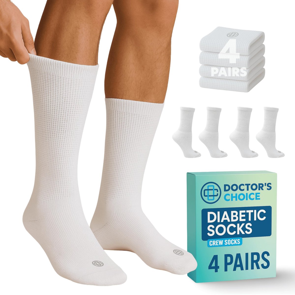 Doctor's Choice Diabetikersocken für Herren – Nahtlose Crew-Socken mit nicht einschnürendem Bund, extra Komfort bei Gicht, 4 Paar, Weiß, X-Large, Größe 12-15