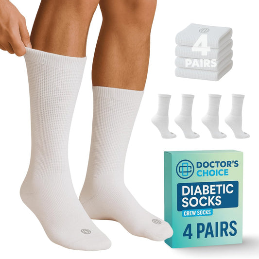 Doctor's Choice Diabetikersocken für Herren – Nahtlose Crew-Socken mit nicht einschnürendem Bund, extra Komfort bei Gicht, 4 Paar, Weiß, X-Large, Größe 12-15