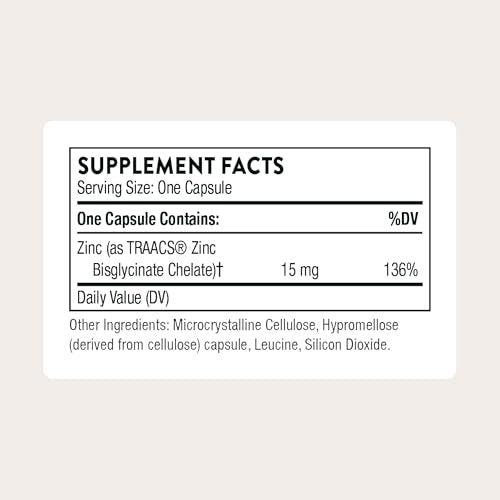 THORNE Zink Bisglycinat 15 mg – Hoch absorbierbares Zinkpräparat zur Unterstützung des Immunsystems, der Augen-, Haut- und Fortpflanzungsgesundheit – Drittanbieter-zertifiziert – gluten-, milch- und sojafrei – 60 Kapseln