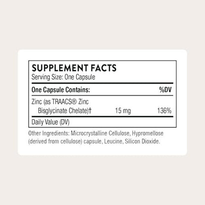 THORNE Zink Bisglycinat 15 mg – Hoch absorbierbares Zinkpräparat zur Unterstützung des Immunsystems, der Augen-, Haut- und Fortpflanzungsgesundheit – Drittanbieter-zertifiziert – gluten-, milch- und sojafrei – 60 Kapseln