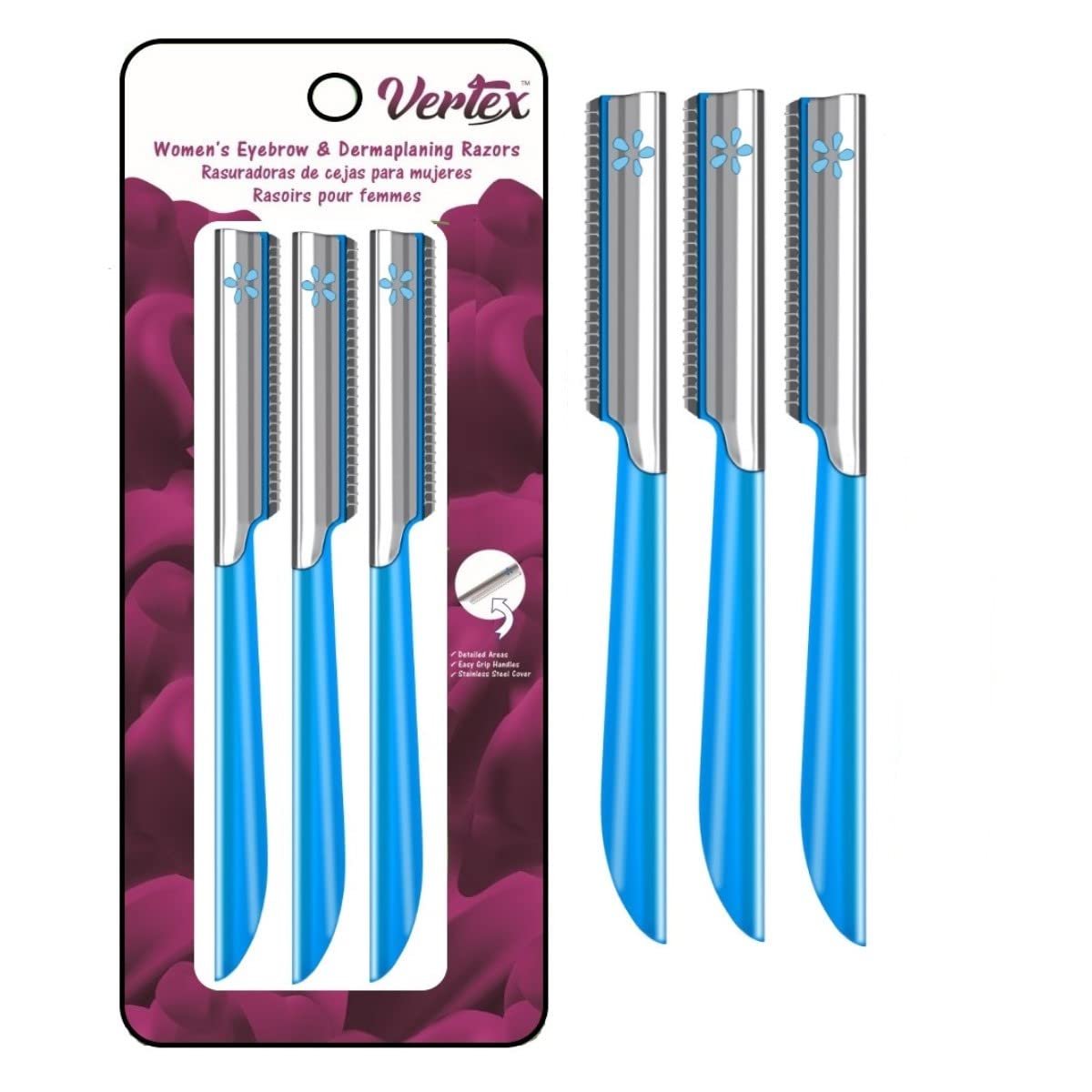 Vertex Dermaplaning-Rasierer für Frauen – 3er-Pack Gesichtsrasierer zur Entfernung von Pfirsichflaum, sanftes Peeling für empfindliche Haut, Reisegröße (Pink)