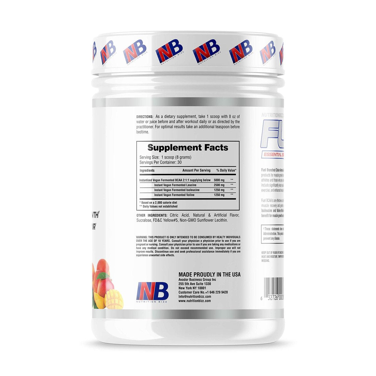 NutritionBizz BCAA Pulver – 5 g BCAAs Aminosäuren, Erholungsgetränk nach dem Training für Muskelaufbau, Regeneration und Ausdauer, 30 Portionen (Pfirsich Mango)
