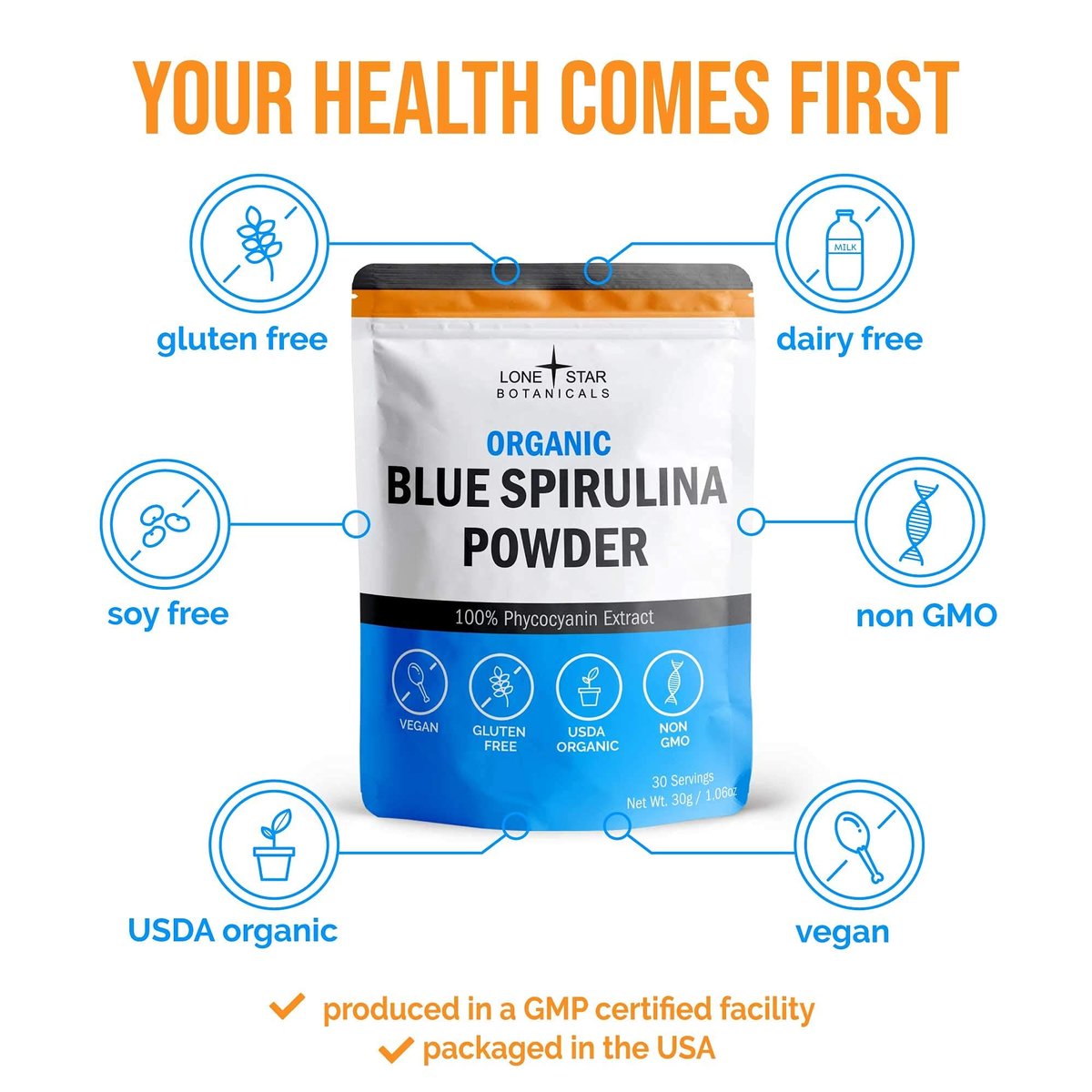 Lone Star Botanicals Bio Blaue Spirulina Pulver – 100 % reine Blaualgen, ohne Fischgeruch, veganes Superfood für Smoothies & Getränke, nicht gentechnisch verändert, glutenfrei, vegan