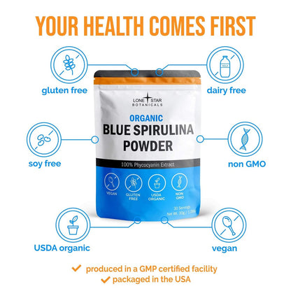 Lone Star Botanicals Bio Blaue Spirulina Pulver – 100 % reine Blaualgen, ohne Fischgeruch, veganes Superfood für Smoothies & Getränke, nicht gentechnisch verändert, glutenfrei, vegan
