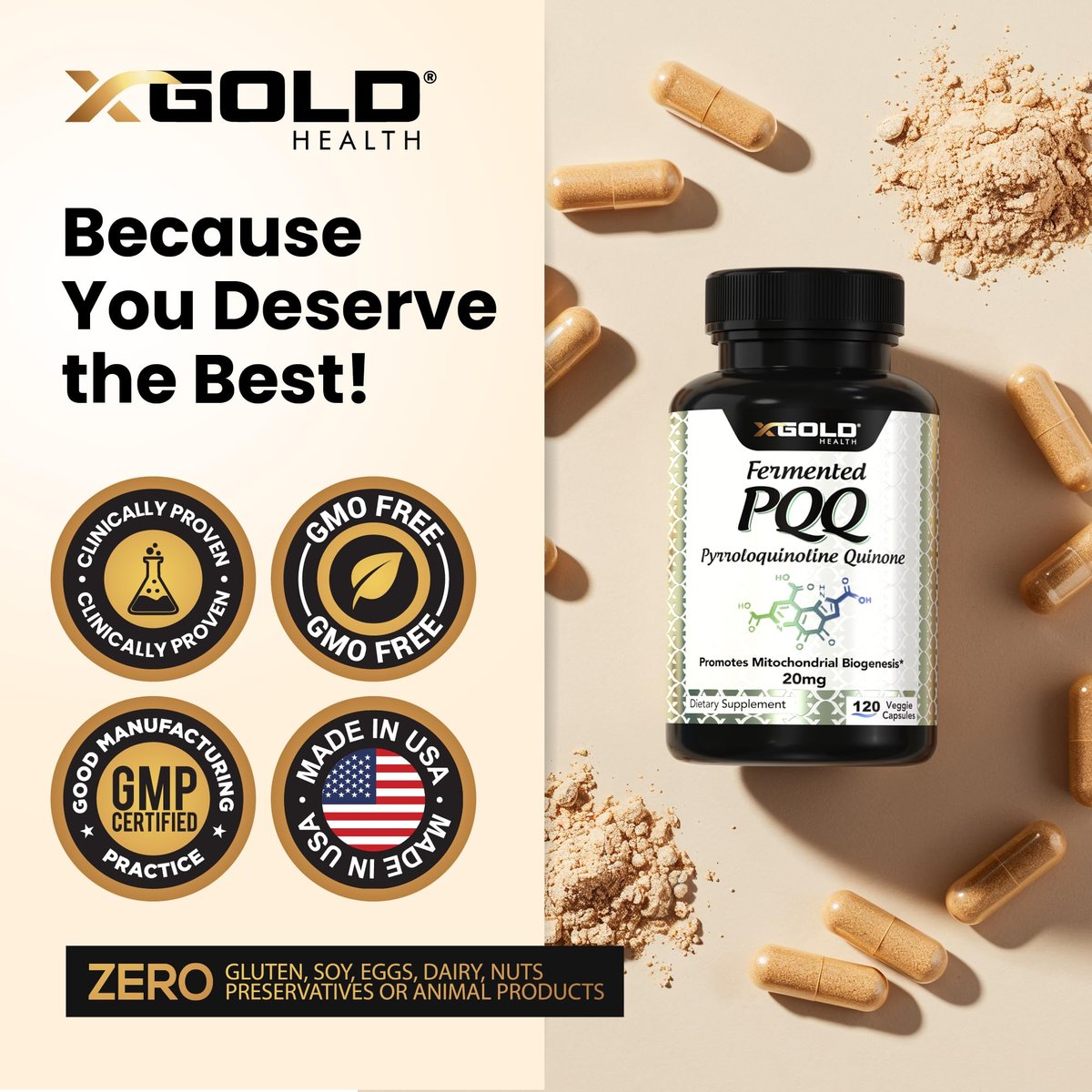X Gold Health PQQ 20 mg, 120 Kapseln – Pyrrolochinolinchinon zur Förderung neuer Mitochondrien, glutenfrei, nicht-GVO, vegetarisch