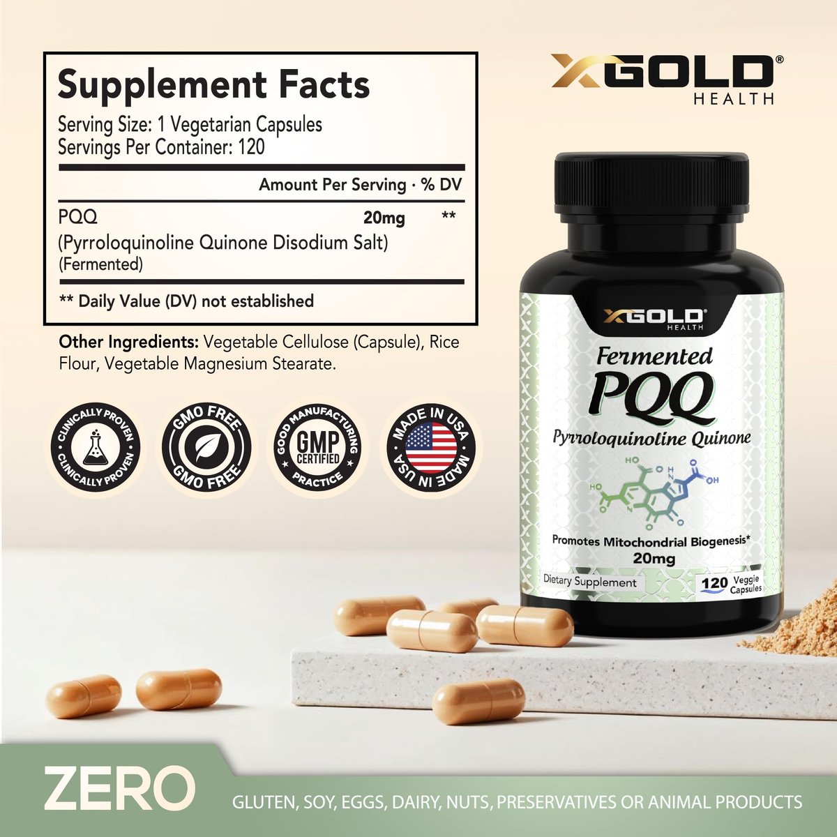 X Gold Health PQQ 20 mg, 120 Kapseln – Pyrrolochinolinchinon zur Förderung neuer Mitochondrien, glutenfrei, nicht-GVO, vegetarisch