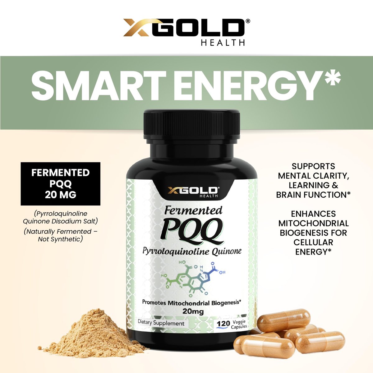 X Gold Health PQQ 20 mg, 120 Kapseln – Pyrrolochinolinchinon zur Förderung neuer Mitochondrien, glutenfrei, nicht-GVO, vegetarisch