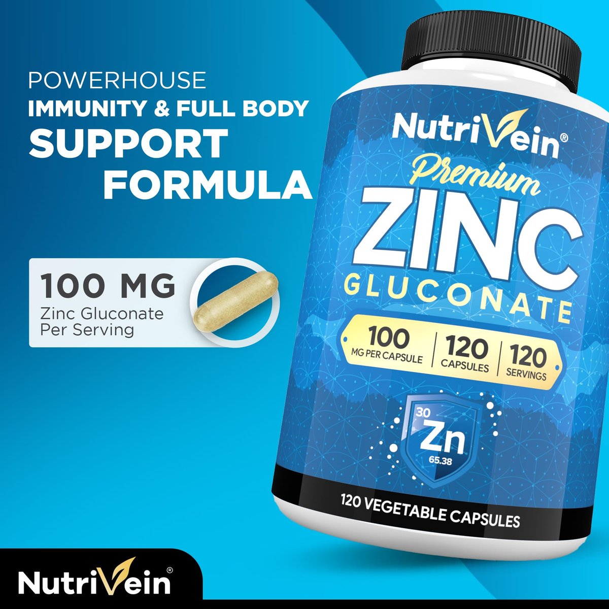 Nutrivein Premium Zinkgluconat 100 mg – 120 Kapseln: Hoch bioverfügbares Zinkpräparat für das allgemeine Wohlbefinden