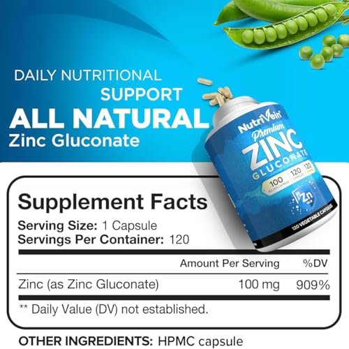 Nutrivein Premium Zinkgluconat 100 mg – 120 Kapseln: Hoch bioverfügbares Zinkpräparat für das allgemeine Wohlbefinden
