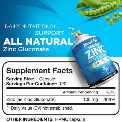 Nutrivein Premium Zinkgluconat 100 mg – 120 Kapseln: Hoch bioverfügbares Zinkpräparat für das allgemeine Wohlbefinden