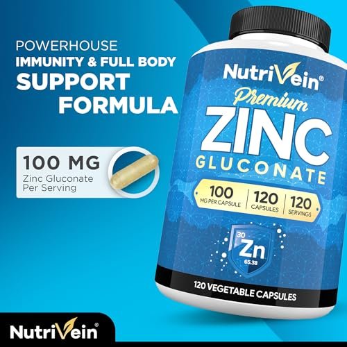 Nutrivein Premium Zinkgluconat 100 mg – 120 Kapseln: Hoch bioverfügbares Zinkpräparat für das allgemeine Wohlbefinden