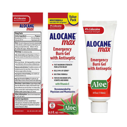 ALOCANE Max Maximum Strength Notfall-Brandgel mit Lidocain und Antiseptikum, 4% Lidocain, schnelle Schmerz- und Juckreizlinderung, Sonnenbrandlinderung, Schnitte, Schürfwunden, Erste-Hilfe-Brandversorgung, 118 ml