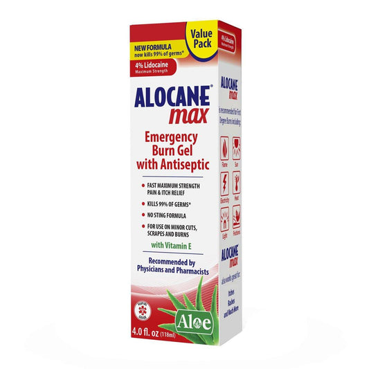 ALOCANE Max Maximum Strength Notfall-Brandgel mit Lidocain und Antiseptikum, 4% Lidocain, schnelle Schmerz- und Juckreizlinderung, Sonnenbrandlinderung, Schnitte, Schürfwunden, Erste-Hilfe-Brandversorgung, 118 ml