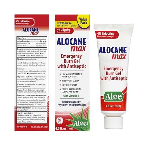 ALOCANE Max Maximum Strength Notfall-Brandgel mit Lidocain und Antiseptikum, 4% Lidocain, schnelle Schmerz- und Juckreizlinderung, Sonnenbrandlinderung, Schnitte, Schürfwunden, Erste-Hilfe-Brandversorgung, 118 ml