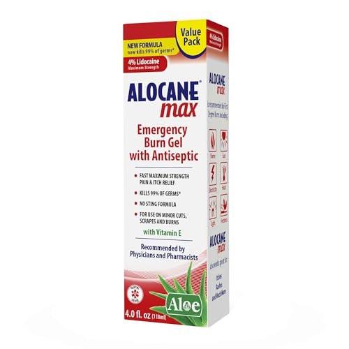 ALOCANE Max Maximum Strength Notfall-Brandgel mit Lidocain und Antiseptikum, 4% Lidocain, schnelle Schmerz- und Juckreizlinderung, Sonnenbrandlinderung, Schnitte, Schürfwunden, Erste-Hilfe-Brandversorgung, 118 ml