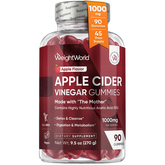 WeightWorld Apfelessig Gummies 1000mg mit der Mutter + Vitamin C, B12, B9, B6, Rote Bete | ACV Gummies für Verdauung, Stoffwechsel, Entgiftung & Reinigung | Vegane Apfelessig Gummies mit Mutter, 90 Stück