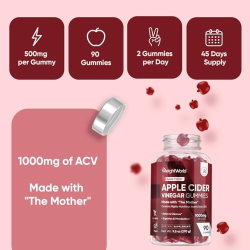 WeightWorld Apfelessig Gummies 1000mg mit der Mutter + Vitamin C, B12, B9, B6, Rote Bete | ACV Gummies für Verdauung, Stoffwechsel, Entgiftung & Reinigung | Vegane Apfelessig Gummies mit Mutter, 90 Stück