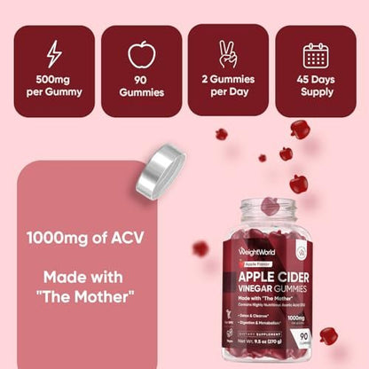 WeightWorld Apfelessig Gummies 1000mg mit der Mutter + Vitamin C, B12, B9, B6, Rote Bete | ACV Gummies für Verdauung, Stoffwechsel, Entgiftung & Reinigung | Vegane Apfelessig Gummies mit Mutter, 90 Stück