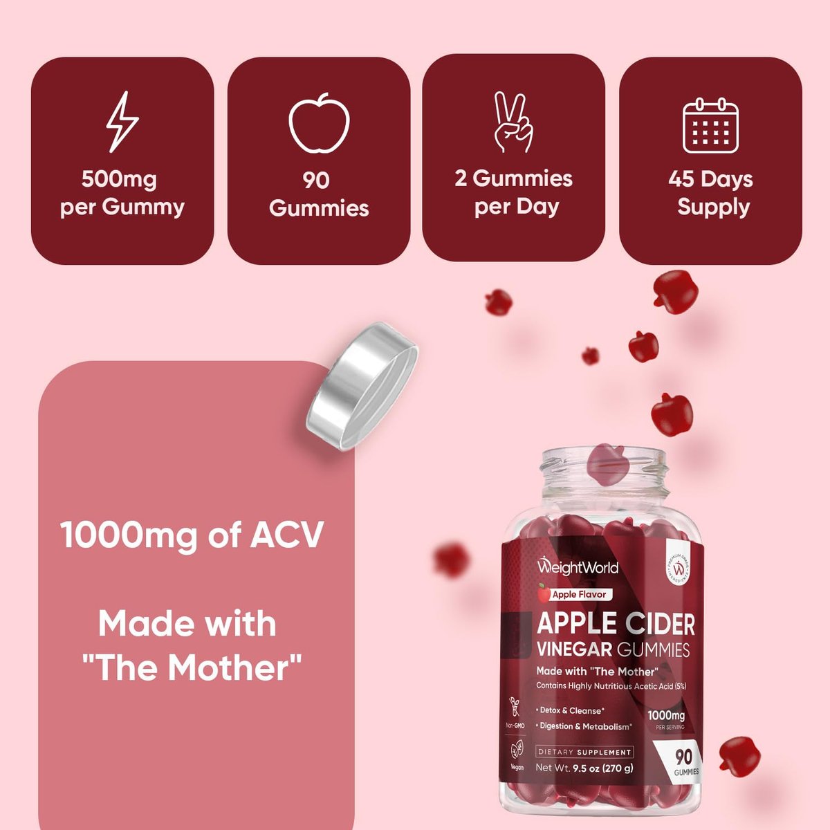 WeightWorld Apfelessig Gummies 1000mg mit der Mutter + Vitamin C, B12, B9, B6, Rote Bete | ACV Gummies für Verdauung, Stoffwechsel, Entgiftung & Reinigung | Vegane Apfelessig Gummies mit Mutter, 90 Stück