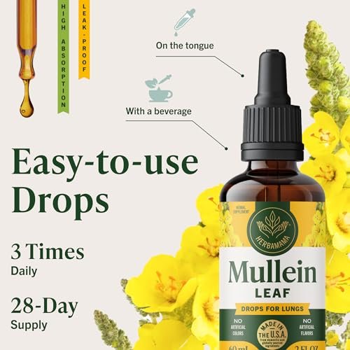 HERBAMAMA Mullein Tropfen für die Lunge – Vegane Lungenreinigung mit Mulleinblattextrakt, Echinacea-Tinktur & Süßholz – Nicht-GVO, Alkohol- & Zuckerfrei – 28-Tage-Versorgung