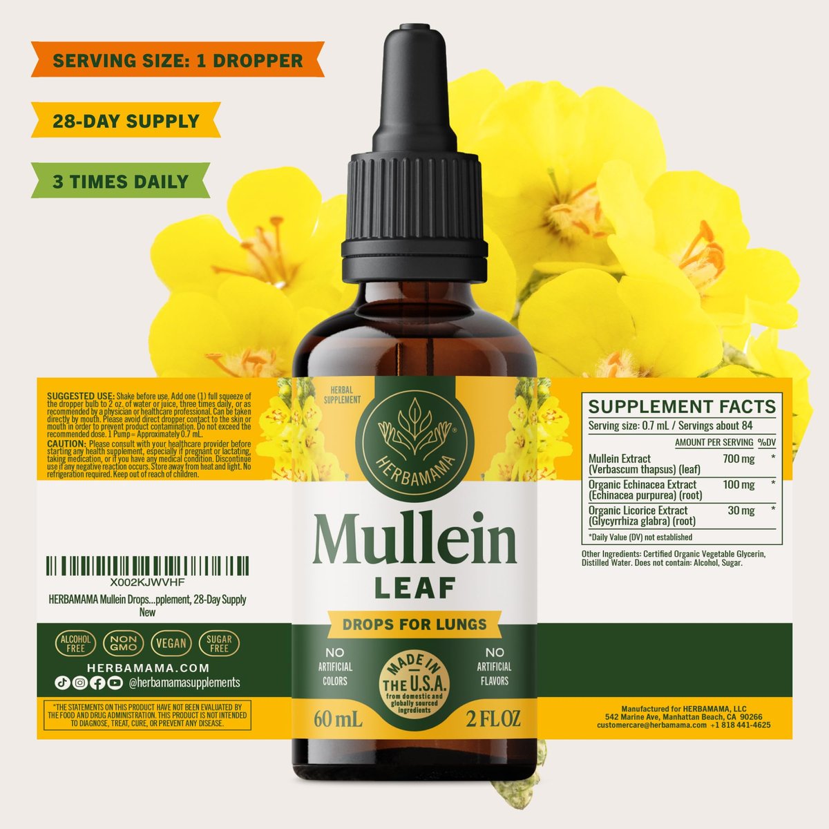 HERBAMAMA Mullein Tropfen für die Lunge – Vegane Lungenreinigung mit Mulleinblattextrakt, Echinacea-Tinktur & Süßholz – Nicht-GVO, Alkohol- & Zuckerfrei – 28-Tage-Versorgung