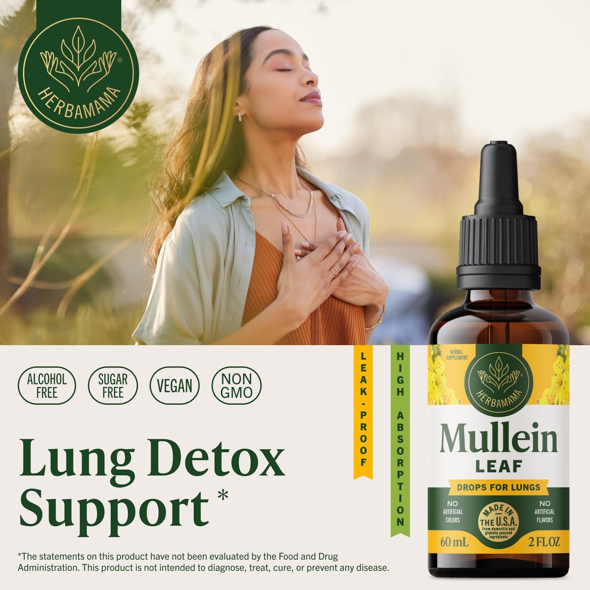HERBAMAMA Mullein Tropfen für die Lunge – Vegane Lungenreinigung mit Mulleinblattextrakt, Echinacea-Tinktur & Süßholz – Nicht-GVO, Alkohol- & Zuckerfrei – 28-Tage-Versorgung