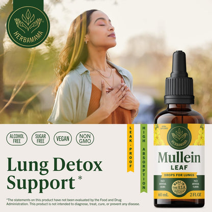 HERBAMAMA Mullein Tropfen für die Lunge – Vegane Lungenreinigung mit Mulleinblattextrakt, Echinacea-Tinktur & Süßholz – Nicht-GVO, Alkohol- & Zuckerfrei – 28-Tage-Versorgung
